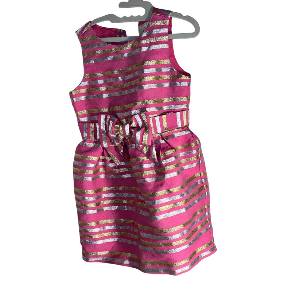 Dressed Up Girls Size 5 Pink Metallic Gold Silver Stripe Bow Dress